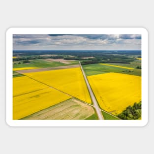 Agricultural landscape, fields of yellow colza and green grain under moody cloudy Sticker